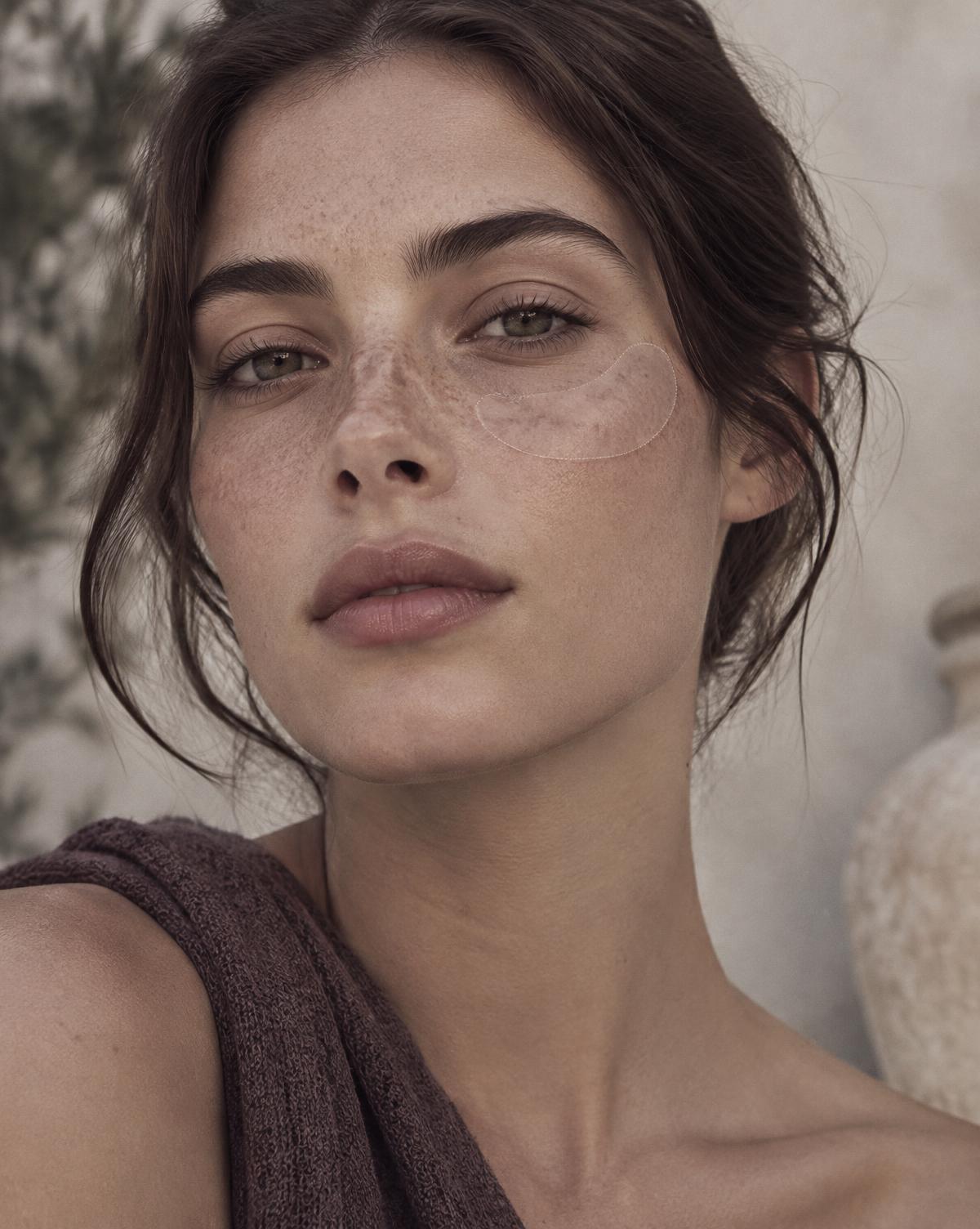 Editorial portrait showing Invisible patch placement over the upper cheek and under-eye area