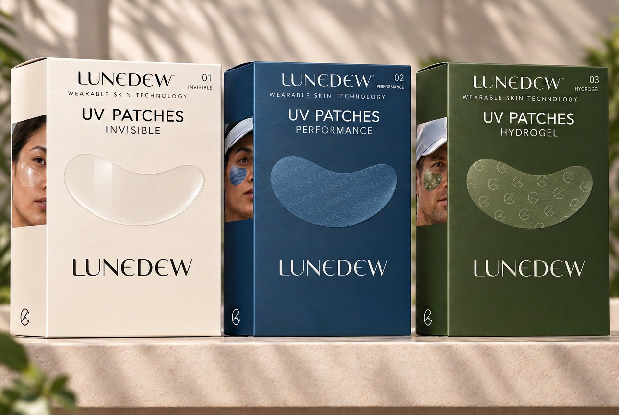 Lunedew Invisible, Performance and Hydrogel product packaging renderings